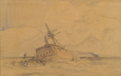 Andreas Achenbach, 1815-1910, Schiffswrack am Ufer, Bleistiftzeichnung, koloriert, links oben signiert, ca. 16x25cm, u.Gl., R.