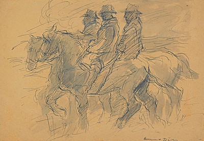 Otto Dill, 1884 Neustadt - 1957 Bad Dürkheim, drei Reiter zu Pferd, aquarellierte Zeichnung, re. unten signiert, Papier, unter Glas, Rahmen, PP.: ...