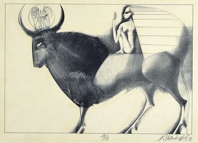 Paul Wunderlich,1927-2010, Stier mit Ägypterin, num. 24/25, Litho, handsigniert, ca. 34 x 48 cm, unter Glas, Rahmen, leicht gebräunt, ca. 37.5 x ...