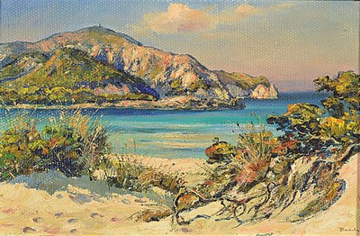 Prof. Alfred Behle, 1935-1997, Ansicht aus Mallorca, Öl/Malkarton, signiert, ca. 17x25.5cm, R.