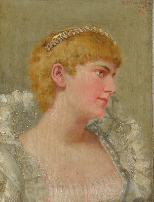 James Emery Maxfield, geb. 1848 Detroit, Porträt einer jungen Dame mit Diadem, Öl/Holz, rechts oben signiert und dat. 1882, ca. 15.5x10cm, R.