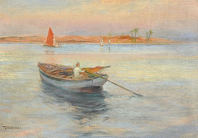 Franz Müller-Gossen, 1871 Mönchengladbach-1946 Lausanne, Boot auf dem Nil, Öl/Malkarton, links unten signiert, ca. 38x54cm, R. ca. 53x68cm