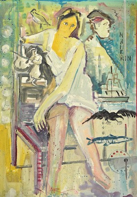 Martin Wollmer, geb. 1939, Im Atelier, Öl/Malkarton, rechts oben bez.: Malerin, mittig unten signiert Martin, ca. 100x70cm, R. ca. 110x80cm