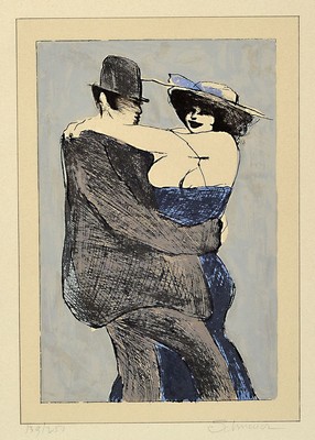 David Schneuer, 1905 Galizien-1988 Tel Aviv,sich umarmendes Paar, Farblithographie, handsigniert und num. 139/250, ca. 24x16cm, PP, u.Gl., R. ca. ...