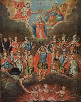 Votivbild, süddeutsch, um 1750, Öl/Lwd, altersbedingt krakeliert und l. beschädigt, teilrest., ca. 64 x 50 cm, Rahmen