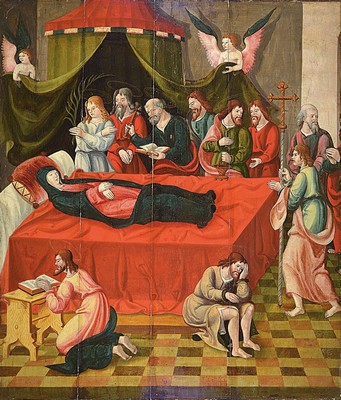 Tafelbild, wohl süddeutsch, 1520/60, "Das Entschlafen der Gottesmutter", Beweinung der entschlafenden Maria, auf breitem Totenbett ...