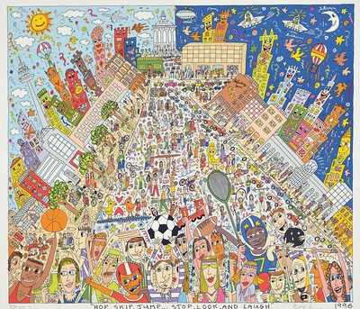 James Rizzi, 1950-2011, Hop, Skip, Jump.. stop look and laugh, Farblithografie von 1996, handsign., num. 599/600, ca. 43x47 cm