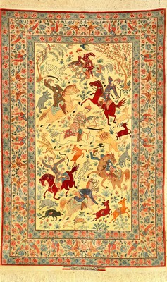 Sehr feiner Esfahan "Seirafian" alt (The Hunting) "Signiert", Zentralpersien, um 1950, Korkwolle geknüpft auf Seidenkette. ...