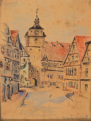August Croissant, 1870 Landau-1941 Edenkoben, Fachwerkhäuser und Kirche, wohl Rothenburg ob der Tauber, Aquarell auf Papier,rechts unten signiert, ...