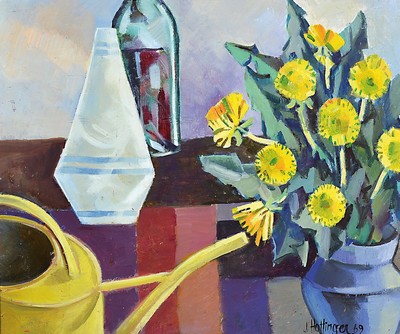 Jakob Max Hottinger, geb. 1917 Schaffhausen,Stillleben mit Blumen und Gießkanne, Öl/ Malkarton, rechts unten signiert und dat. 1969, ca. ...