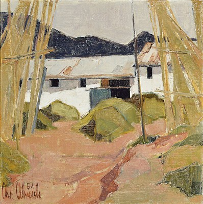 Christel Abresch, 1931 Sulzbach-2011 Neustadt a. d. Wstr., Blick auf einen Bauernhof im Süden, Öl/Lwd, signiert und dat. 81, ca. 30x30cm, R. ca. ...