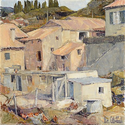 Christel Abresch, 1931 Sulzbach-2011 Neustadt a. d. Wstr., Südliche Stadtansicht, Öl/Lwd, signiert und dat. 53, ca. 35x35cm, R. ca. 41x41cm