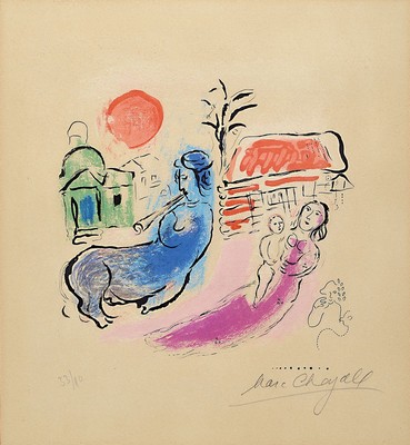 Marc Chagall, 1887-1985, Maternité au centaure, Farblithographie von 1957, handsigniert und num. 33/90, ca. 23.5x25cm, gebräunt, PP, u.Gl. ca. ...