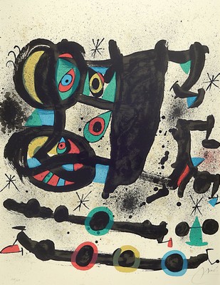Joan Miro, 1893 - 1983, Farblithografie auf Velin, handsigniert mit Bleistift und rechts, num. 147/150, Blattgr. 73.7 x 56.5 cm, unter Glas, Rahmen, ...