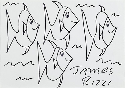 James Rizzi, 1950 - 2011, große Handzeichnung mit schwarzem Edding, auf weißem Karton, handsigniert, ca. 25 x 35 cm, wurde laut Vorbesitzer 1990 ...