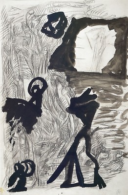 Markus Lüpertz, geb. 1941, Tusche und Kohle auf Velin-Karton, monogrammiert, dat. 1986, ca. 100 x 66 cm, PP., Rahmen ca. 130 x 93 cm