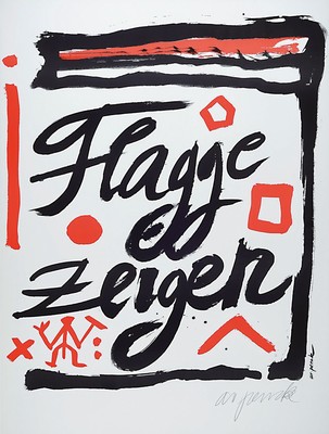 A.R. Penck, geb. 1939 in Dresden - 2017, Farbserigraphie, 1995, nur 35 handsignierte Blätter, Flagge zeigen, ca. 84 x 59.5 cm, unter Glas, Rahmen, ...