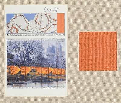 Christo, 1935 - 2020, "The Gates - Central Park New York City,USA" mit orig. Stoffstück aus dem Projekt, Unikatcharakter, 27 x 23.5 cm, ...