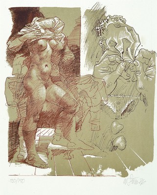 Willi Sitte, 1921 - 2003, "Baals Lied - Sich Entkleidende mit Fetisch" Farblitho/Kreidelitho, in olivgrün, Rot- und Dunkelbraun, auf ...