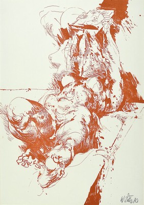 Willi Sitte, 1921 - 2003, "Ars amatoria-LIegender Akt mit Spiegel" Farblitho/Pinsellitho, in Rotbraun auf hellem Achat-Maschinenbütten, ...