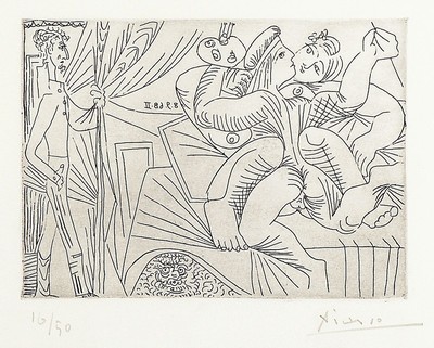 Pablo Picasso, 1881 - 1973, Aquatinta- und Kaltnadelradierung auf Velin, Titel:" Raphael et la Fornarina XXII"", handsigniert, 33 x 50 ...