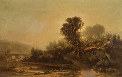 Andreas Achenbach, 1815 Kassel-1910 Düsseldorf, einer der bekanntesten Maler der Düsseldorfer Schule, hier: Ideale Landschaft im ...