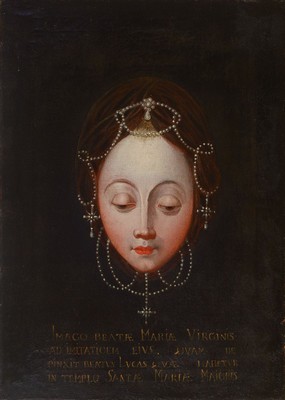 Künstler des 17. Jh., Porträt Mariae Virgins, mit Text, doubliert, krakeliert, ältere Restauration, Altersspuren, ca. 53 x 58.5 cm
