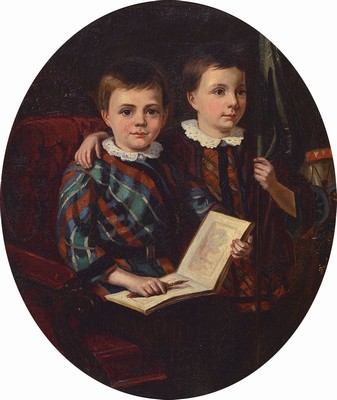 Süddeutscher Künstler, um 1900, Kinderporträt bzw. zwei sitzende Knaben mit Bilderbuch und Fahne, erzählende Darstellung, Öl/Lwd., unsigniert, ...