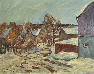 Fredo Bley, 1929 Mylau-2010 Reichenbach/Vogtland, Winterlandschaft, rückseitig betitelt: Vogtländisches Dorf, Buchwald/Vogtl., Öl/Hartfaser, links ...