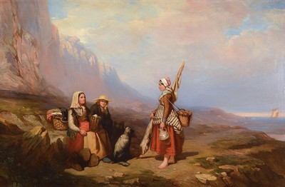 George Stubbs, erw. 1837-1860, Sohn des Georges Stubbs (1724-1806), drei Personen und ein Hund an felsiger Steilküste, Öl/Lwd, seitlich links im ...