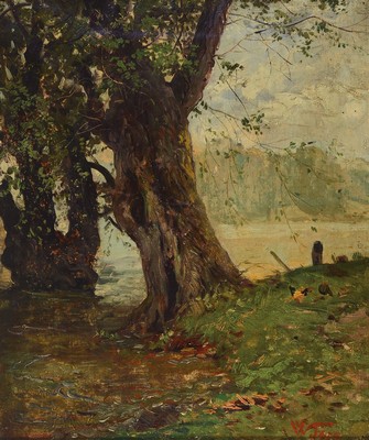 Unleserlich signiert, um 1900, Uferlandschaft mit knorrigen Bäumen, Öl/Lwd, rest., links unten signiert W. Fees o.ä., ca. 40x34cm, R. ca. 48x42cm
