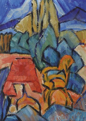 Hans Breinlinger, 1888-1963 Konstanz, Landschaft mit rotem Tisch, Öl/Malkarton, rechts unten signiert, ca. 44x32cm, R. ca. 48x36cm