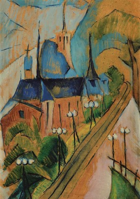 Hans Breinlinger, 1888-1963 Konstanz, Blick auf eine Kirche am Straßenrand, Öl/ Hartfaser, unsigniert, ca. 72x50cm, R. ca. 81x59cm