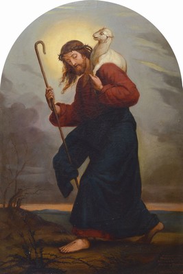 Unbekannter Künstler, Frankreich, um 1870, Jesus Christus als Hirte mit dem geschulterten Lamm, Öl/Lwd, doubl., rest., Bildausschnitt ca. 90x60cm, ...