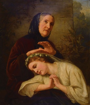 Hermine von Reck, 1833 Karlsruhe-1906 Achern, Großmutter tröstet die Enkelin, Öl/Lwd, links oben signiert, H. ca. 91x77cm, ca. 14cm breiter ...