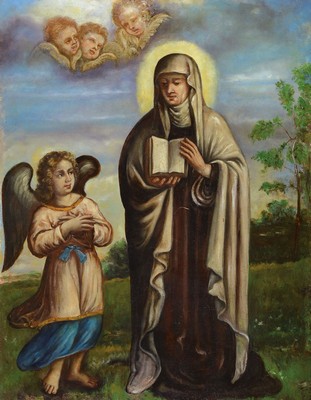 Unbekannter Künstler, Frankreich, um 1870, Engel und Heilige mit Buch, Öl/Lwd, doubl., rest., ca. 96x72cm, R. ca. 106x82cm