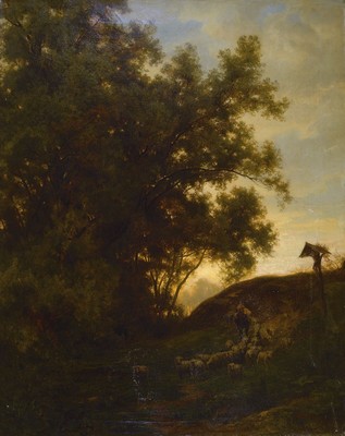 Otto Ludvig Sinding, 1842 Kongsberg/Norwegen- 1909 München, Studium bei Hans Gude an der Akademie Karlsruhe, hier: Schäfer mit seiner Herde in ...