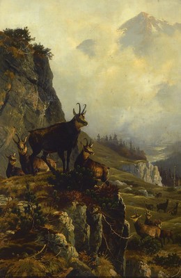 Otto Recknagel, 1845 Eisfeld-1926 München, Gemsen in der Felswand, Öl/Holz, links unten signiert: Otto Recknagel München 1882, ca. 49x32.5cm, R. ...