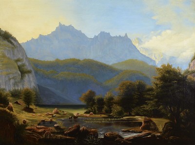Süddeutscher Spätromantiker, um 1860/70, Alpenlandschaft mit Gebirgsmassiv und Blick auf einen Gebirgssee mit Tieren, gekonnte Lichtführung vor ...