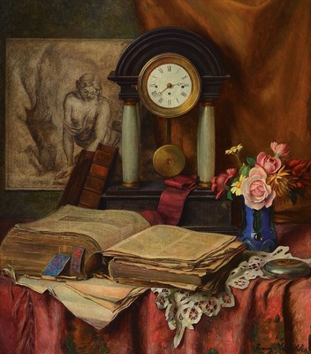 Franz Krischke, 1885 Becka/Ungarn-1960 Wien, Stillleben mit Portaluhr, Zeichnung, Buch und Blumen, Öl/Holz, rechts unten signiert, ca. 55x48cm, R. ...