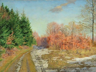 Richard Amtsbühler, 1873 Lautenbach-1961 Karlsruhe, Letzter Schnee im Schwarzwald/ Rittnertwald, Öl/Lwd, rechts unten signiert, ca. 60x80cm, R. ca. ...