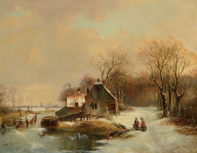 Jan van Ravenszwaay, 1789 Hilversum - 1869, niederländischer Landschafts- und Tiermaler, niederländische Winterlandschaft/Eisvergnügen, ...