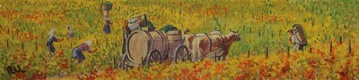Rolf Müller-Landau, 1903-1956, Weinleseszene, Öl/Papier, links unten monogrammiert, mehrfach knitterfaltig, ca. 14x66cm