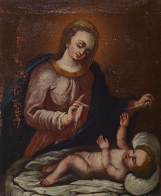 Unbekannter Künstler, süddeutsch, um 1800-1820, Maria mit dem Jesuskind, Öl/Lwd, besc., restaurierungsbedürftig, ca. 32x27cm, R.