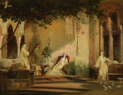 August von Bayer, badischer Hofmaler und Konservator, 1803 Rorschbach - 1875 Karlsruhe, Klosterhof mit Ordensfrauen, feine Lichtführung, re.u. ...