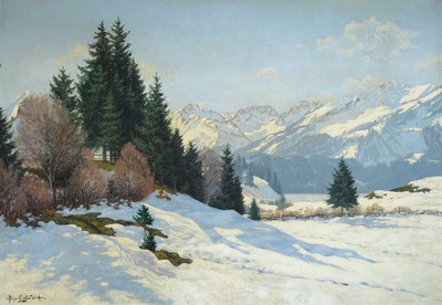 Philipp Graf sen., 1874 Würzburg - 1947 Prien am Chiemsee, sonniger Wintertag in den Alpen, gekonnte Lichtführung, Öl/Lwd, li. unten signiert und ...