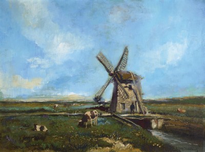 Carl Fey, 1867-1939 Düsseldorf, Windmühle in holländischer Landschaft, Öl/Lwd, rechts unten signiert. C. Fey Düsseldorf, ca. 60x80cm, R. ca. ...