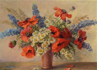 Carl Berndt, 1878-1950, Stillleben mit Margeriten, Mohnblumen und Rittersporn, Öl/Lwd, links unten signiert, ca. 60x80cm, R. ca. 76x97cm