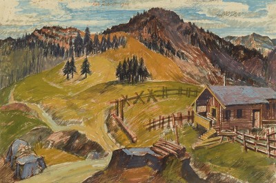 Robert Rabolt, 1899 Frankfurt/M.-1974, Starnberg, Studium an der Akademie München, hier: Hütte in den bergen, Gouache auf Papier, mittig oben ...