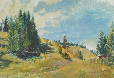 Robert Rabolt, 1899 Frankfurt/M.-1974, Starnberg, Studium an der Akademie München, hier: Weite Landschaft mit Baumgruppen, Gouache auf Papier, links ...